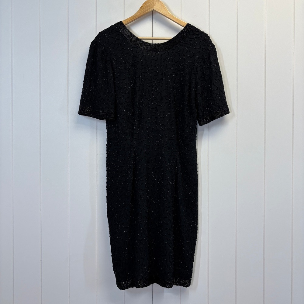 Vintage Stenay 80s Cocktail Beaded Silk Dress Women Size M Glam Old Hollywood